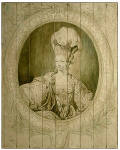 Casa Padrino Luxus Barock Wandgemlde Lady Grau / Grn 150 x H. 190 cm - Handgemaltes Holz Gemlde - Barock Wand Dekoration - Edel & Prunkvoll