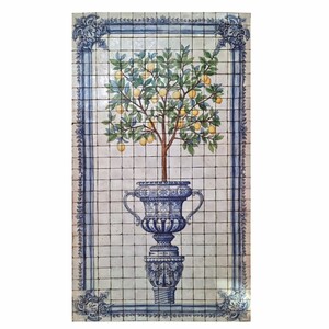 Casa Padrino Luxus Barock Keramik Wandgem�lde Zitronenbaum Creme / Blau / Bunt H. 280 cm - Handgefertigtes Mosaik Fliesen Gem�lde - Barock Wanddeko