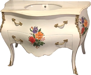 Casa Padrino Luxus Barock Waschtisch Kommode Wei� / Blumenbemalung mit Marmorplatte - Luxus Barock Badezimmerm�bel