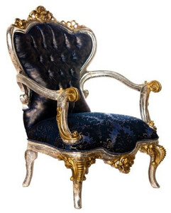 Casa Padrino Luxus Barock Wohnzimmer Sessel Royalblau / Schwarz / Silber / Gold - Prunkvoller Sessel mit elegantem Muster - Handgefertigte Barock Wohnzimmer Mbel