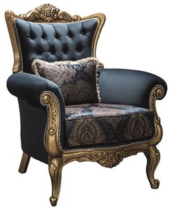 Casa Padrino Luxus Barock Sessel mit Glitzersteinen und dekorativem Kissen Blau / Gold 90 x 85 x H. 110 cm - Barock Mbel