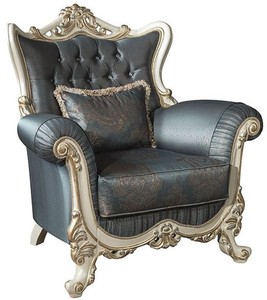 Casa Padrino Luxus Barock Wohnzimmer Sessel mit Glitzersteinen und dekorativem Kissen Blau / Creme / Gold 110 x 85 x H. 112 cm - Barockstil Mbel