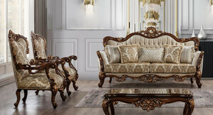 Casa Padrino Luxus Barock Wohnzimmer Set Beige / Braun / Kupferfarben - 2 Barock Sofas mit Muster & 2 Barock Sessel mit Muster & 1 Barock Couchtisch - Barock Wohnzimmer Mbel