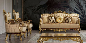 Casa Padrino Luxus Barock Wohnzimmer Set Beige / Braun / Gold - 2 Barock Sofas mit Muster & 2 Barock Sessel mit Muster & 1 Barock Couchtisch - Barock Wohnzimmer Mbel