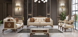 Casa Padrino Luxus Barock Wohnzimmer Set Beige / Grau / Braun / Gold - 2 Sofas & 2 Sessel & 1 Couchtisch - Handgefertigte Wohnzimmer Mbel im Barockstil - Edel & Prunkvoll