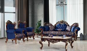 Casa Padrino Luxus Barock Wohnzimmer Set Blau / Dunkelbraun / Gold - 2 Sofas & 2 Sessel & 1 Couchtisch - Handgefertigte Wohnzimmer Mbel im Barockstil - Edel & Prunkvoll