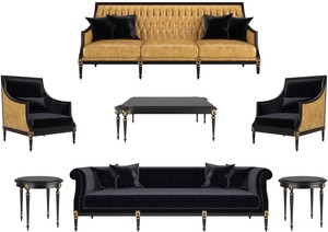 Casa Padrino Luxus Barock Wohnzimmer Set Gold / Schwarz / Antik Gold - 2 Sofas & 2 Sessel & 1 Couchtisch & 2 Beistelltische - Wohnzimmermbel im Barockstil - Edle Barock Mbel