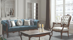 Casa Padrino Luxus Barock Wohnzimmer Set Blau / Grau / Braun - 2 Sofas & 2 Sessel & 1 Couchtisch - Wohnzimmer M�bel im Barockstil - Edel & Prunkvoll