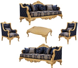 Casa Padrino Luxus Barock Wohnzimmer Set Dunkelblau / Gold - 2 Sofas & 2 Sessel & 1 Couchtisch - Prunkvolle Barock Wohnzimmer Mbel