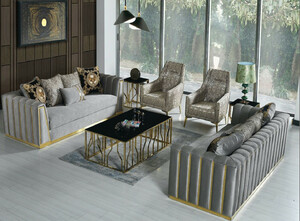 Casa Padrino Luxus Wohnzimmer Set Grau / Gold - 2 Sofas & 2 Sessel & 1 Couchtisch - Moderne Wohnzimmer Mbel - Luxus Qualitt
