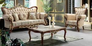 Casa Padrino Luxus Barock Wohnzimmer Set Beige / Braun / Gold - 2 Sofas mit Muster & 2 Sessel mit Muster & 1 Couchtisch - Prunkvolle Barock Wohnzimmer Mbel