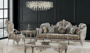 Casa Padrino Luxus Barock Wohnzimmer Set Grau / Silber / Gold - 2 Sofas & 2 Sessel & 1 Couchtisch & 2 Beistelltische - Handgefertigte Wohnzimmer Mbel im Barockstil - Edel & Prunkvoll