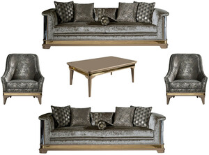 Casa Padrino Luxus Art Deco Wohnzimmer Set Silber / Schwarz / Beige / Gold - 2 Sofas & 2 Sessel & 1 Couchtisch - Art Deco Wohnzimmer Mbel