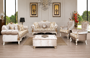 Casa Padrino Luxus Barock Wohnzimmer Set Rosa / Wei� / Gold - 2 Sofas mit Muster & 2 Sessel mit Muster & 1 Couchtisch - Prunkvolle Barock Wohnzimmer M�bel