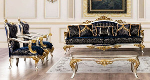 Casa Padrino Luxus Barock Wohnzimmer Set Royalblau / Schwarz / Silber / Gold - 2 Barock Sofas mit Muster & 2 Barock Sessel mit Muster & 1 Barock Couchtisch - Barock Wohnzimmer Mbel