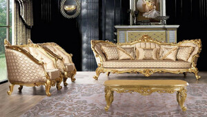 Casa Padrino Luxus Barock Wohnzimmer Set Gold - 2 Barock Sofas mit Muster & 2 Barock Sessel mit Muster & 1 Barock Couchtisch - Prunkvolle Barock Wohnzimmer Mbel