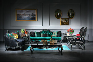 Casa Padrino Luxus Barock Wohnzimmer Set Grn / Schwarz / Gold - 2 Sofas & 2 Sessel & 1 Couchtisch & 2 Beistelltische - Prunkvolle Barock Mbel - Luxus Qualitt