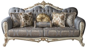 Casa Padrino Luxus Barock Wohnzimmer Sofa mit Glitzersteinen und dekorativen Kissen Blau / Wei� / Gold 220 x 85 x H. 110 cm - Edle Wohnzimmer M�bel im Barockstil