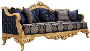 Casa Padrino Luxus Barock Sofa mit Glitzersteinen und dekorativen Kissen Dunkelblau / Gold 228 x 93 x H. 108 cm - Barock Wohnzimmer Mbel