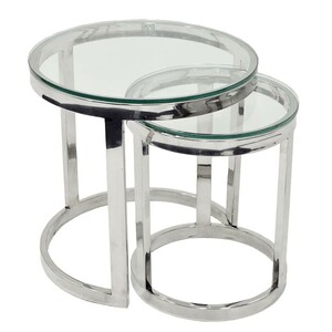 Casa Padrino Luxus Beistelltisch 2er Set Silber  55 x H. 55 cm - Runde Edelstahl Satztische mit Glasplatten