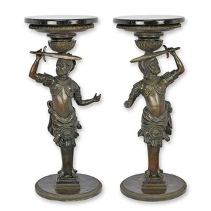 Casa Padrino Luxus Beistelltisch Set Krieger Bronze / Schwarz  31 x H. 76,5 cm - Runde Bronze Beistelltische mit Marmorplatte - Luxus M�bel