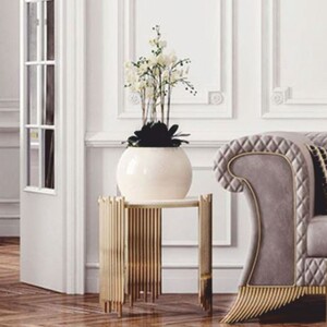 Casa Padrino Luxus Beistelltisch mit Kunstmarmor Tischplatte Wei� / Gold  59 cm