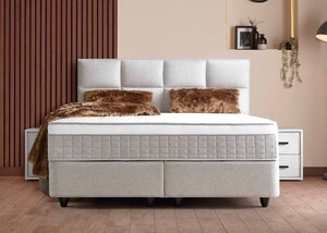 Casa Padrino Luxus Boxspringbett mit Kopfteil in Feldoptik Creme 140 x 200 cm - Luxus Schlafzimmer M�bel