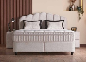 Casa Padrino Luxus Boxspringbett mit Kopfteil in Muschelform Creme 180 x 200 cm - Luxus Schlafzimmer M�bel