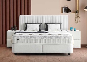 Casa Padrino Luxus Boxspringbett mit Kopfteil in Streifenoptik Wei� 140 x 200 cm - Luxus Schlafzimmer M�bel