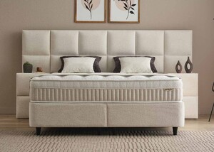 Casa Padrino Luxus Boxspringbett mit Wandkopfteil in Feldoptik Beige 160 x 200 cm - Luxus Schlafzimmer M�bel