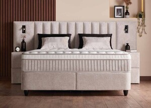 Casa Padrino Luxus Boxspringbett mit Wandkopfteil in Streifenoptik und Leseleuchten Beige 160 x 200 cm - Luxus Schlafzimmer M�bel