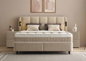 Casa Padrino Luxus Boxspringbett mit gestepptem Kopfteil und Leseleuchten Beige 180 x 200 cm - Luxus Schlafzimmer M�bel
