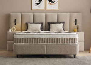 Casa Padrino Luxus Boxspringbett mit hohem Wandkopfteil und Leseleuchten Taupe 160 x 200 cm - Luxus Schlafzimmer M�bel
