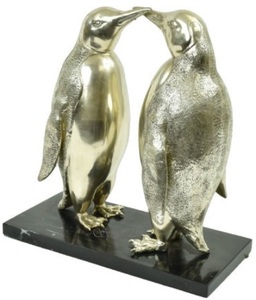 Casa Padrino Luxus Bronze Skulptur Pinguin Paar Silber / Schwarz 39 x 18 x H. 42 cm - Versilberte Bronzefiguren mit Marmorsockel