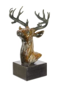Casa Padrino Luxus Bronze Skulptur Hirsch Kopf  23,2 x 31,8 x H. 51,5 cm - Bronzefigur mit Marmorsockel - Deko Accessoires