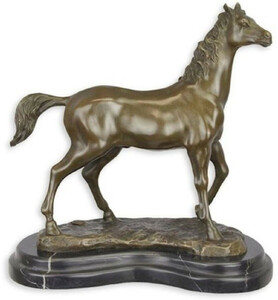 Casa Padrino Luxus Deko Bronze Skulptur Pferd Bronze / Schwarz 29,3 x 16,6 x H. 29,7 cm - Bronze Figur mit Marmorsockel - Dekofigur - Tierfigur - Deko Accessoires