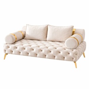 Casa Padrino Luxus Chesterfield 2er Sofa Creme / Gold 190 cm - Wohnzimmer M�bel