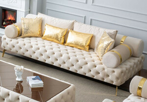 Casa Padrino Luxus Chesterfield 3er Sofa Creme / Gold 250 x 115 x H. 70 cm - Chesterfield Wohnzimmer Sofa - Wohnzimmer M�bel - Chesterfield M�bel - Luxus M�bel - Luxus Einrichtung - M�bel Luxus