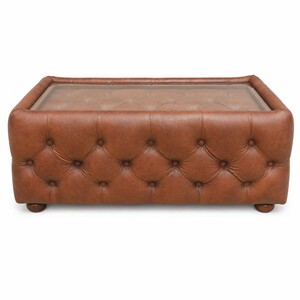 Casa Padrino Luxus Chesterfield Echtleder Couchtisch mit Glasplatte Braun / Dunkelbraun 120 cm - Wohnzimmer M�bel - Leder M�bel
