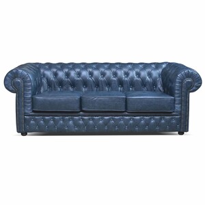 Casa Padrino Luxus Chesterfield Leder Sofa Vintage Blau / Schwarz 224 cm - Echtleder Mbel