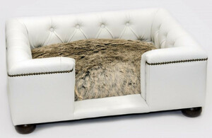 Casa Padrino Luxus Chesterfield Leder Hundebett Wei� / Schwarz / Braun 95 x 75 x H. 37 cm - Rechteckiges Echtleder Hundebett - Luxus Chesterfield Leder Tierm�bel