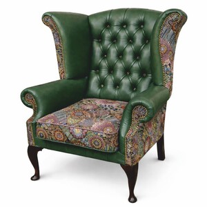 Casa Padrino Luxus Chesterfield Leder Ohrensessel Gr�n / Bunt / Dunkelbraun H. 110 cm