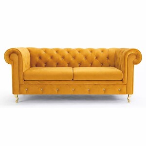 Casa Padrino Chesterfield Schlafsofa Gelb / Gold 212 cm - Wohnzimmer M�bel