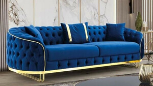 Casa Padrino Luxus Chesterfield Sofa Blau / Gold 240 x 95 x H. 72 cm - Modernes Wohnzimmer Sofa - Chesterfield Wohnzimmer Mbel