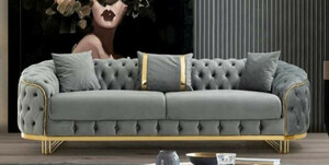 Casa Padrino Luxus Chesterfield Sofa Grau / Gold 240 x 95 x H. 72 cm - Modernes Wohnzimmer Sofa - Chesterfield Wohnzimmer Mbel