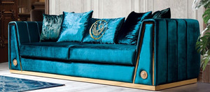 Casa Padrino Luxus Couch Trkis / Gold 260 x 90 x H. 76 cm - Edles Wohnzimmer Sofa mit dekorativen Kissen - Luxus Mbel