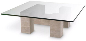 Casa Padrino Luxus Travertin Couchtisch Beige 100 x 100 x H. 32 cm - Quadratischer Naturstein Wohnzimmertisch mit Glasplatte - Wohnzimmer M�bel - Luxus M�bel - Luxus Einrichtung