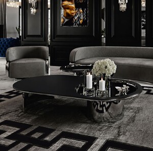 Casa Padrino Luxus Couchtisch Schwarz / Silber 150 cm - Ovaler Wohnzimmertisch - Hotel M�bel - Wohnzimmer M�bel - Luxus M�bel - Luxus Interior