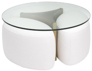 Casa Padrino Luxus Couchtisch Wei� / Antik Messingfarben  104 x H. 46,5 cm - Runder Edelstahl Wohnzimmertisch mit Glasplatte und 3 eleganten Sitzhocker - Wohnzimmer M�bel - Luxus M�bel