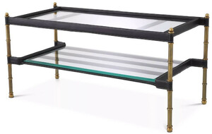 Casa Padrino Luxus Couchtisch Vintage Messingfarben / Schwarz 95 x 42 x H. 46 cm - Moderner Wohnzimmertisch mit Glasplatten und Echtleder - Wohnzimmer M�bel - Luxus M�bel